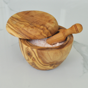 Olive Wood Salt Pot and Salt Scoop Set