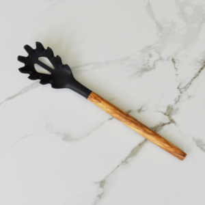 Olive Wood and Black Silicone Spaghetti Server